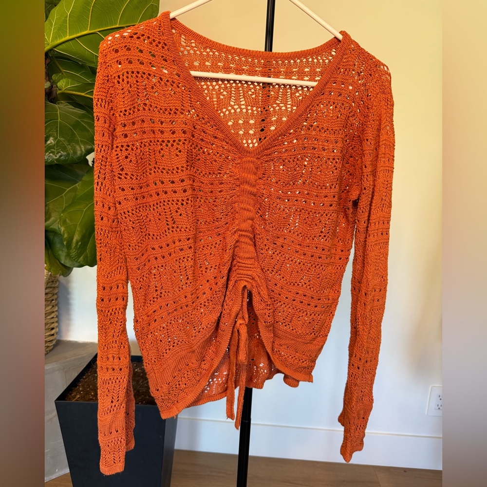 Open-Knit V-Neck Drawstring Sweater with Bell sleeves in Burnt Orange Size Small